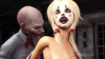 Abspielen Joker bumst eine süße sexy Blondine in einer Clownsmaske im verlassenen Zimmer hart durch